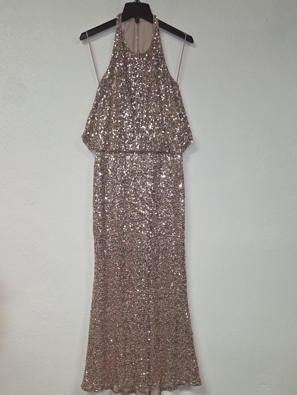 Badgley Mischka Rose Gold Sequin Halter Prom Dress
